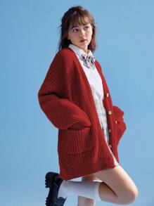ROMWE Kawaii Women's Solid Color Simple Cute, Japanese Style, Loose Cardigan, School - Red - View 4