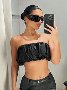 SHEIN ICON Women'S Pleated Strapless Top - Black - View 4