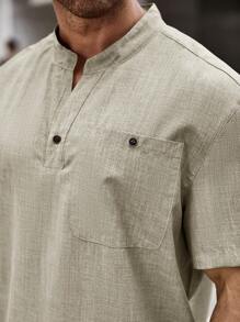 SHEIN Manfinity Homme Nam Kích thước lớn Màu thuần Cổ áo có khía Ngắn tay Giải trí Áo sơ mi - Màu be - Xem 5