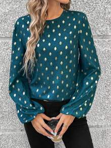 SHEIN LUNE Women'S Polka Dot Lantern Sleeve Shirt With Gold Foiling