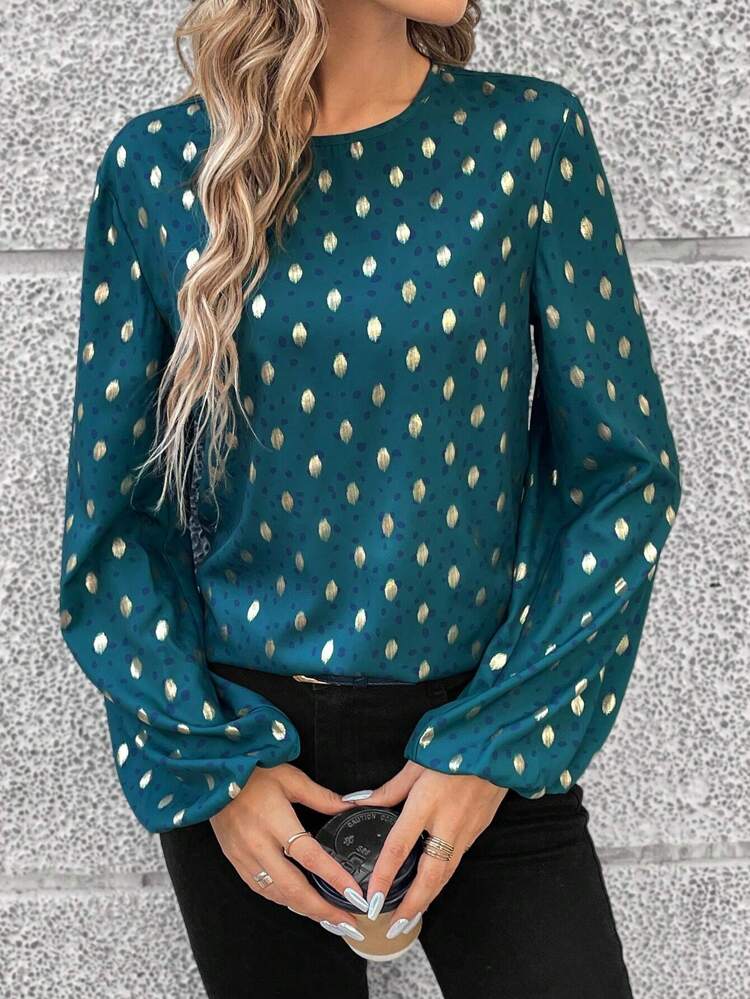 Women'S Polka Dot Lantern Sleeve Shirt With Gold Foiling