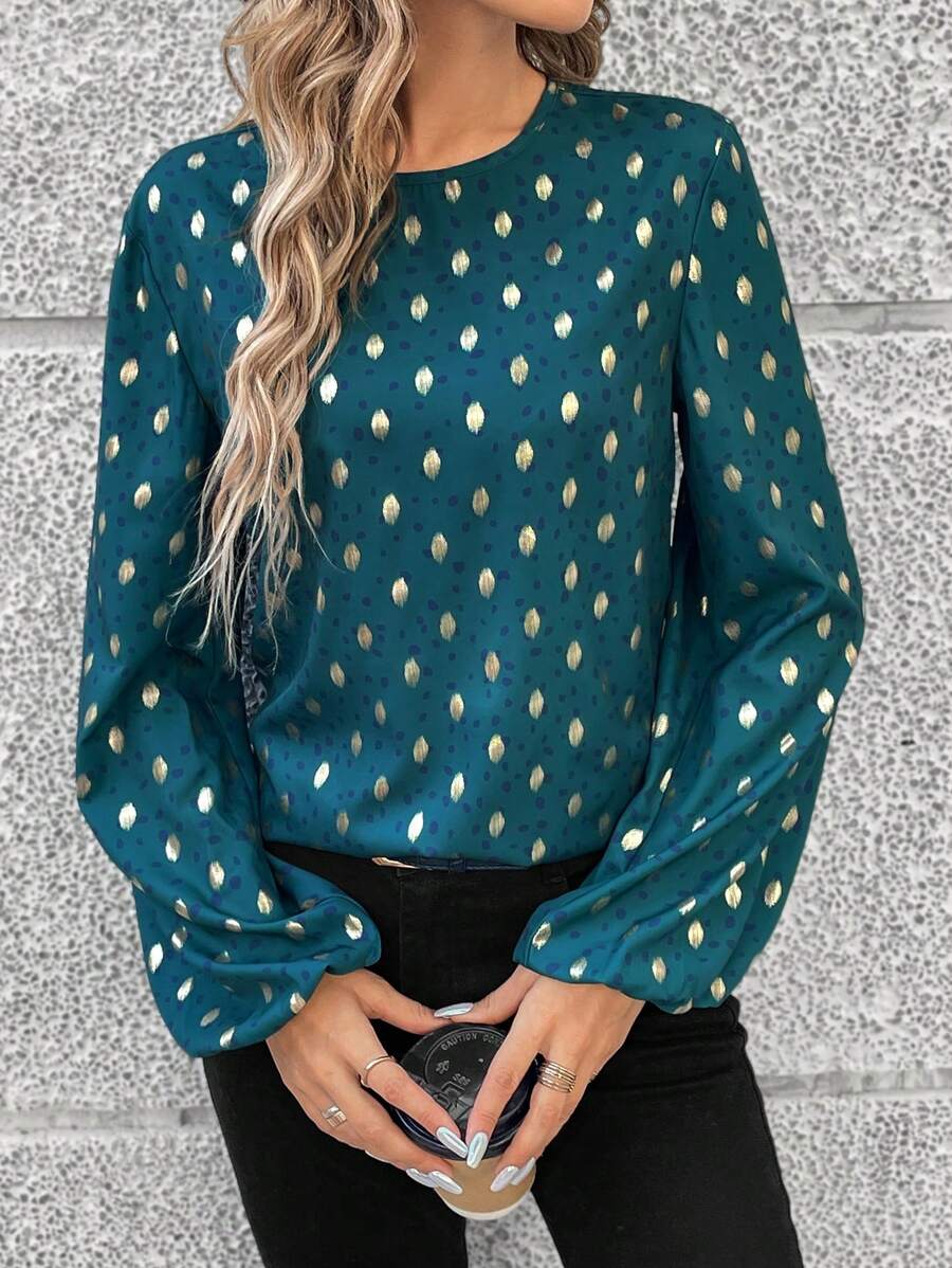 SHEIN LUNE Women'S Polka Dot Lantern Sleeve Shirt With Gold Foiling