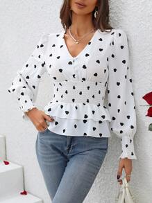 SHEIN LUNE 心形圖案腰部收緊長袖襯衫 - 黑與白 - 查看 1