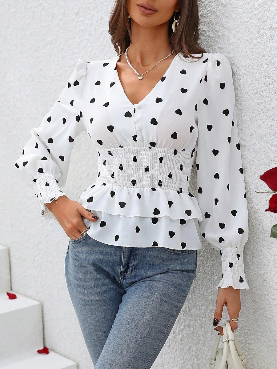 SHEIN LUNE 心形圖案腰部收緊長袖襯衫 - 黑與白 - 查看 1