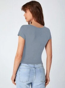 Cottnline Solid Scoop Neck Tee - Grey - View 2