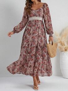 SHEIN VCAY Women'S Lantern Sleeve Paisley Print Dress - Multicolor - View 3