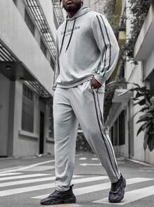 Manfinity VCAY Nam Kích thước lớn In thư Dây rút áo có mũ Bộ đồ trên và quần - Xám - Xem 1