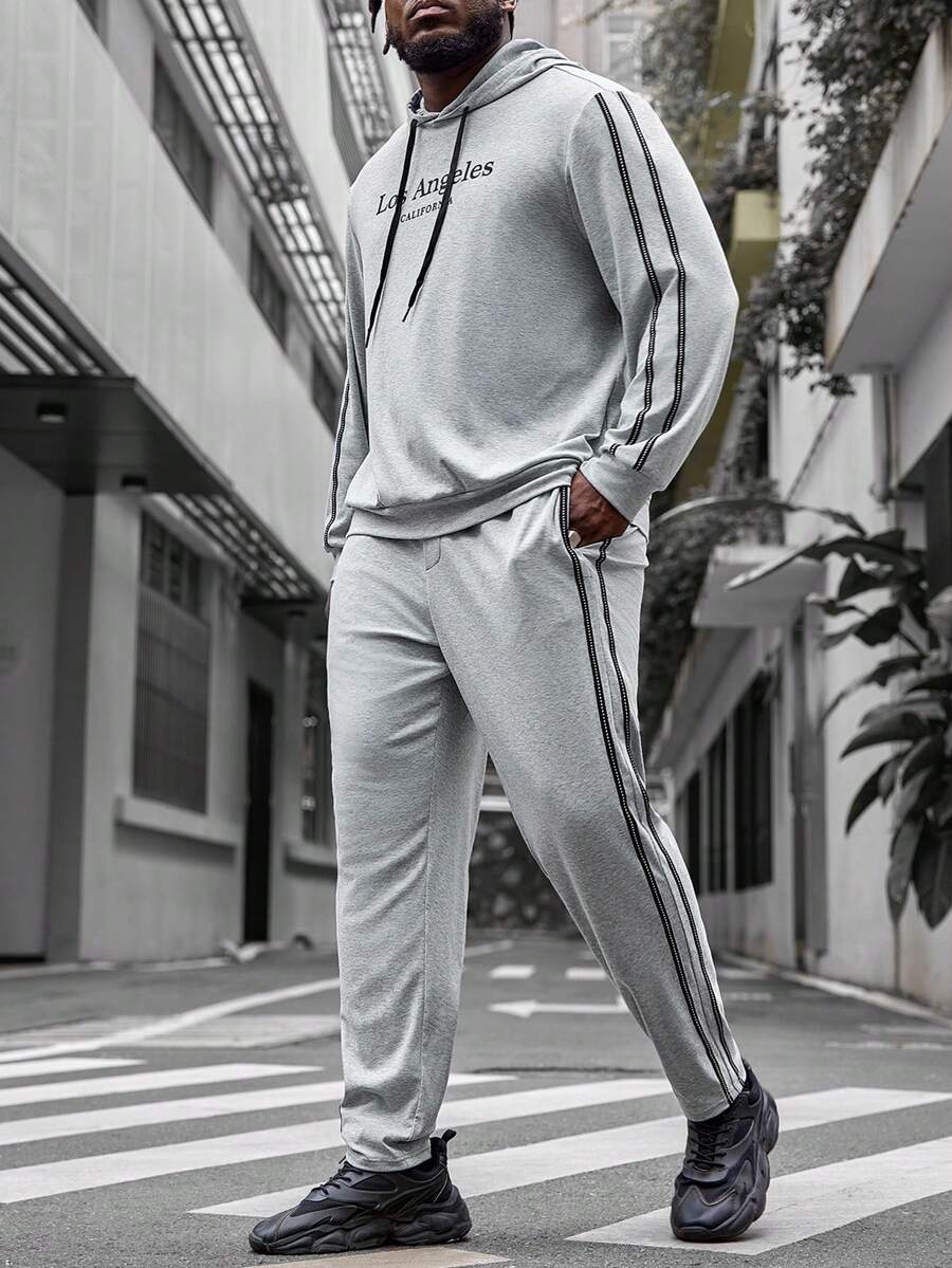 Manfinity VCAY Nam Kích thước lớn In thư Dây rút áo có mũ Bộ đồ trên và quần - Xám - Xem 1