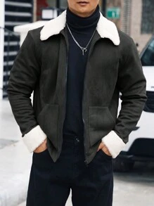 男士拼布泰迪絨拉鍊夾克 - 黑色 - 查看 1