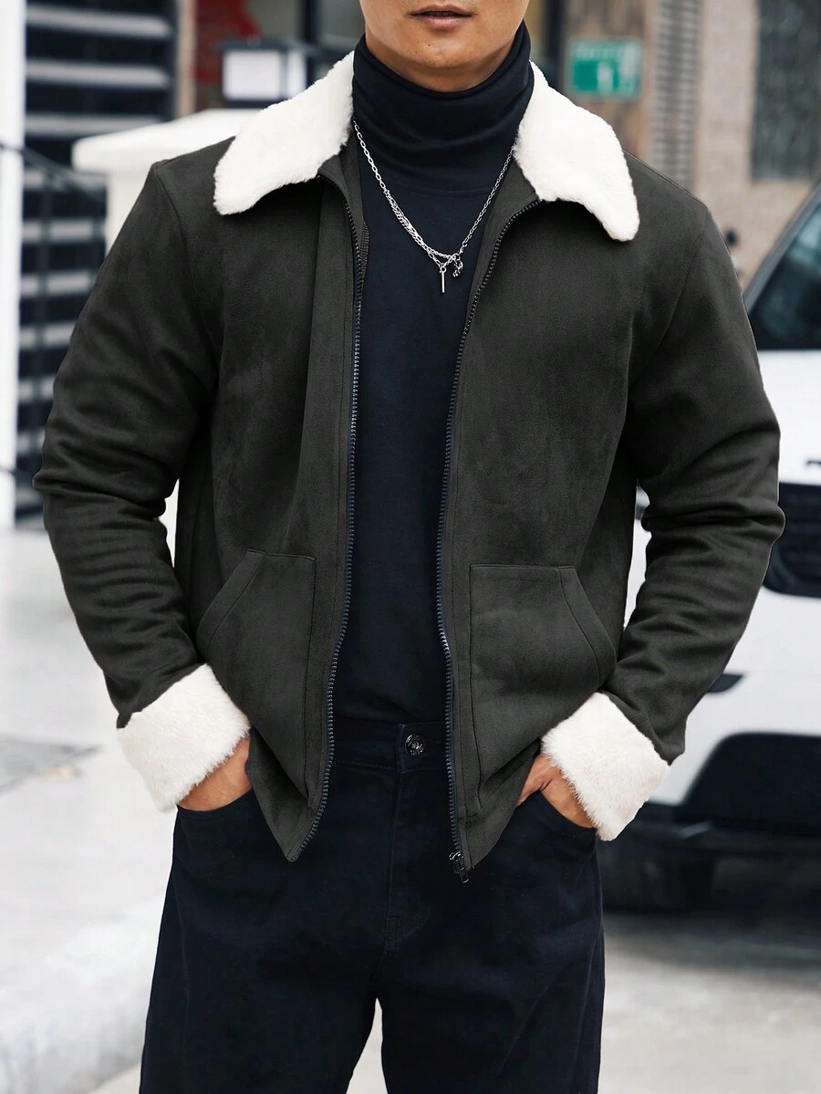 男士拼布泰迪絨拉鍊夾克 - 黑色 - 查看 1