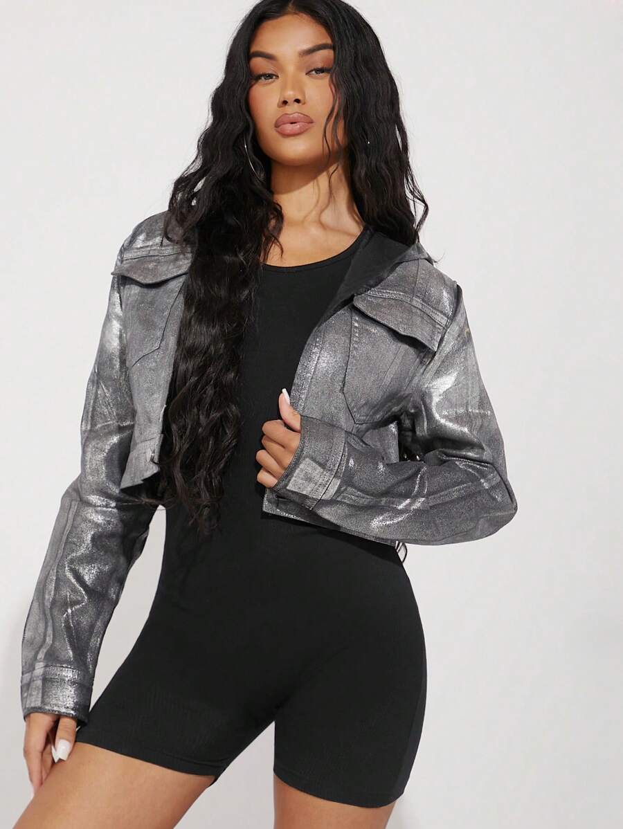 Denimoi Fashion Hooded Metallic Crop Denim Jacket - Black - View 1