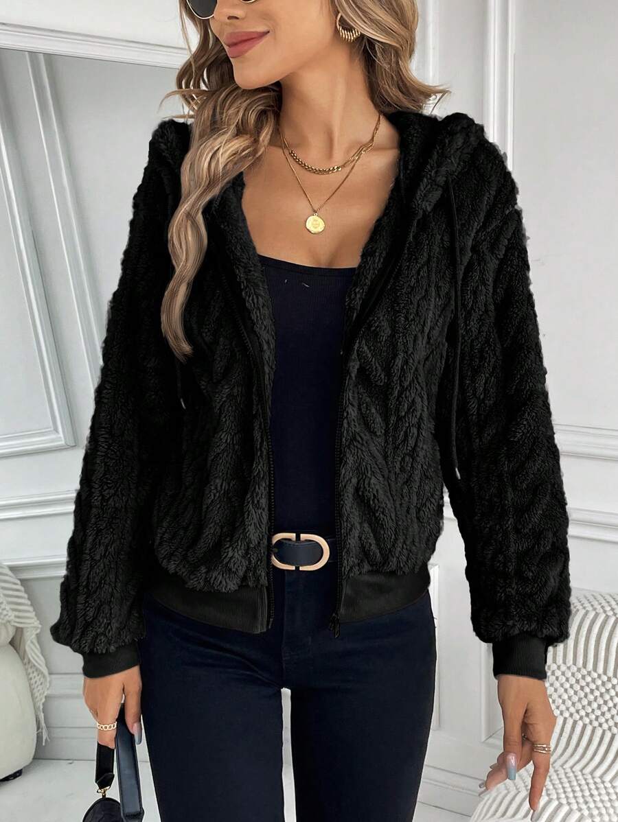 SHEIN LUNE Women's Plush Drawstring Hooded Jacket - Black - View 1