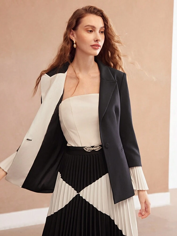 WOMEN'S CONTRAST COLOR RUFFLES SLEEVES BLAZER JACKET