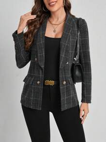 SHEIN Clasi 女士鬆緊領格紋西裝外套 - 黑色 - 查看 1