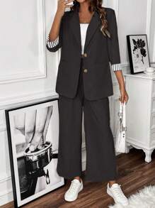 SHEIN Clasi Striped Contrast Rolled Cuff Blazer Set - Black - View 4