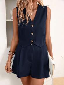 SHEIN LUNE Women'S Single-Breasted Sleeveless Vest And Shorts Set - Blue - View 3