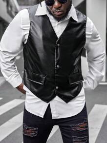 GENTILAND Nam Kích thước lớn Flip Chi tiết Nút Lên chất liệu da PU Áo vest Như Bộ đồ Áo khoác Áo khoác - màu đen - Xem 6