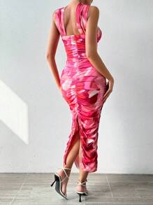 SHEIN Allurite 女式打結染色荷葉邊拱邊露背連衣裙 - 粉色 - 查看 2