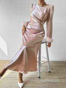 Chiquease 優雅緞面拼接削邊連衣裙 - 粉色 - 查看 6