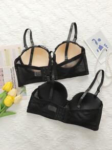 2pcs/Set Women'S Lace & Mesh Bra - Black - View 2