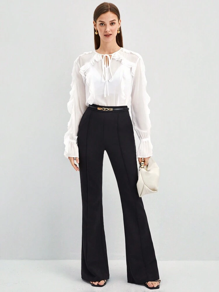 Women's Ruffle Neckline Tie-front Shirt