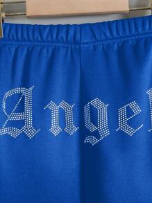 SHEIN Tween Girls' Street Style Jogger Pants With Back Rhinestone Embellished Letter Detail - Royal Blue - View 3