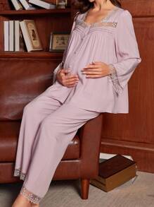 Moonlight&Mama Maternity Lace Patchwork Pajama Set, Fall Winter Clothes - Dusty Pink - View 5