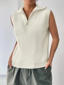 SHEIN Unity Zipper Turtleneck Solid Color Sweater Vest - White - View 4