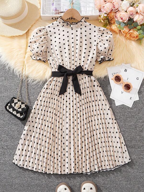 Tween Girls' Detachable Belt Polka Dot, Pleated, Puff Sleeve Dress With Bubble Hem And Ruffle Neckline