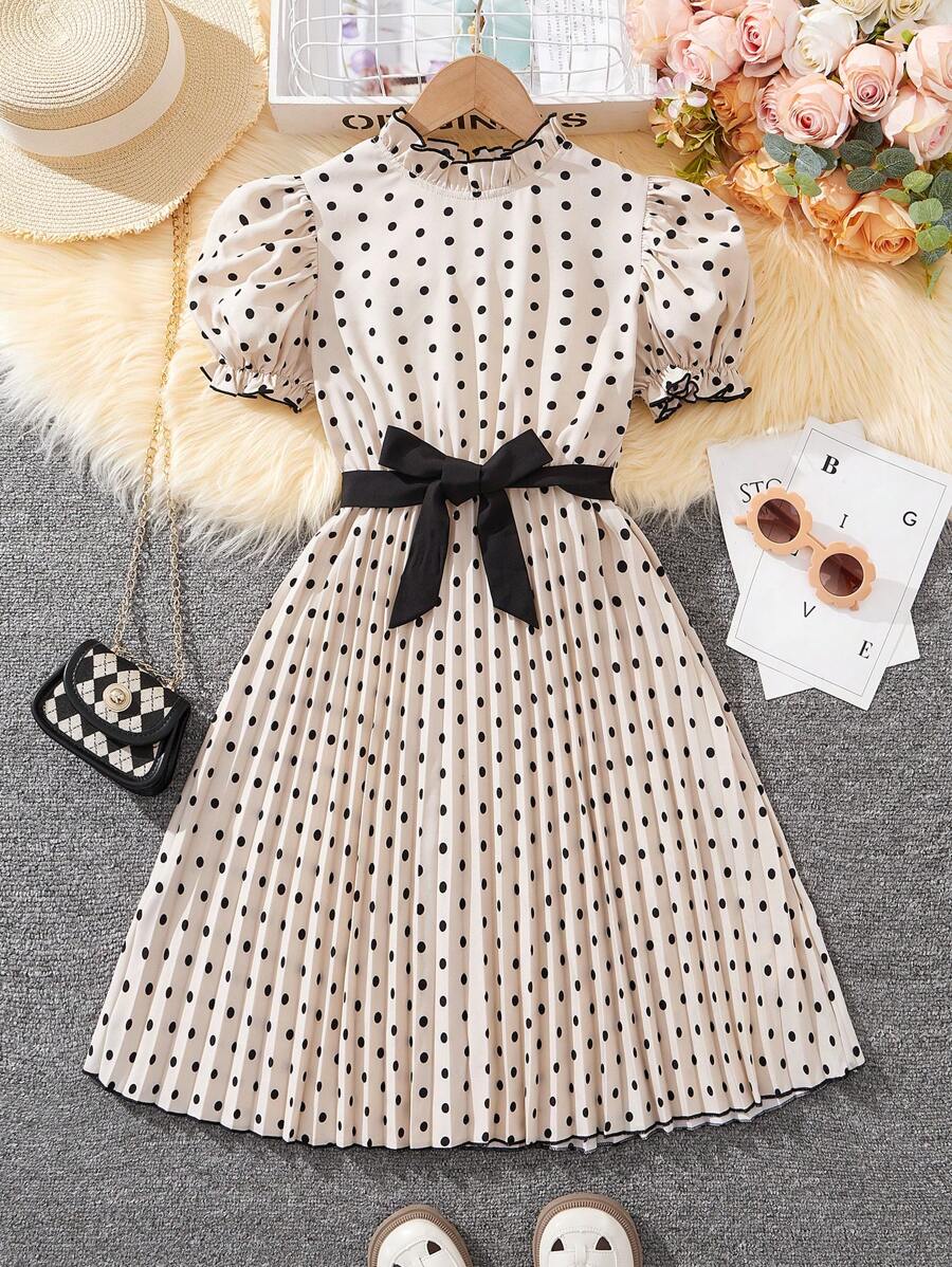 Girls Polka Dot Cotton One-Shoulder Dress with Ruffle Neckline