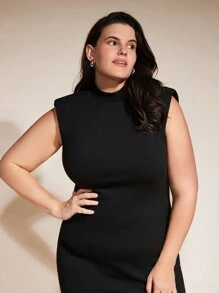 SHEIN BASICS Vestido Casual De Cena Con Hombros Acolchados De Punto Acanalado Para Mujer De Talla Grande - Negro - Ver 6