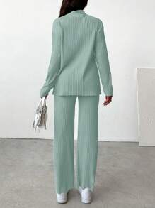 EURMUSE Mock Neck Drop Shoulder Tee & Pants - Green - View 4