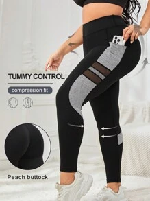 SHEIN Sports 大碼拼色撞色網眼手機袋運動打底褲 - 灰色 - 查看 2