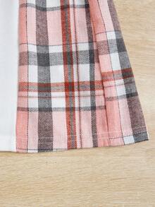 SHEIN Girls' Comfortable Plaid Patchwork Sweatshirt With Drawstring Waist For Casual Wear - Pink - View 3