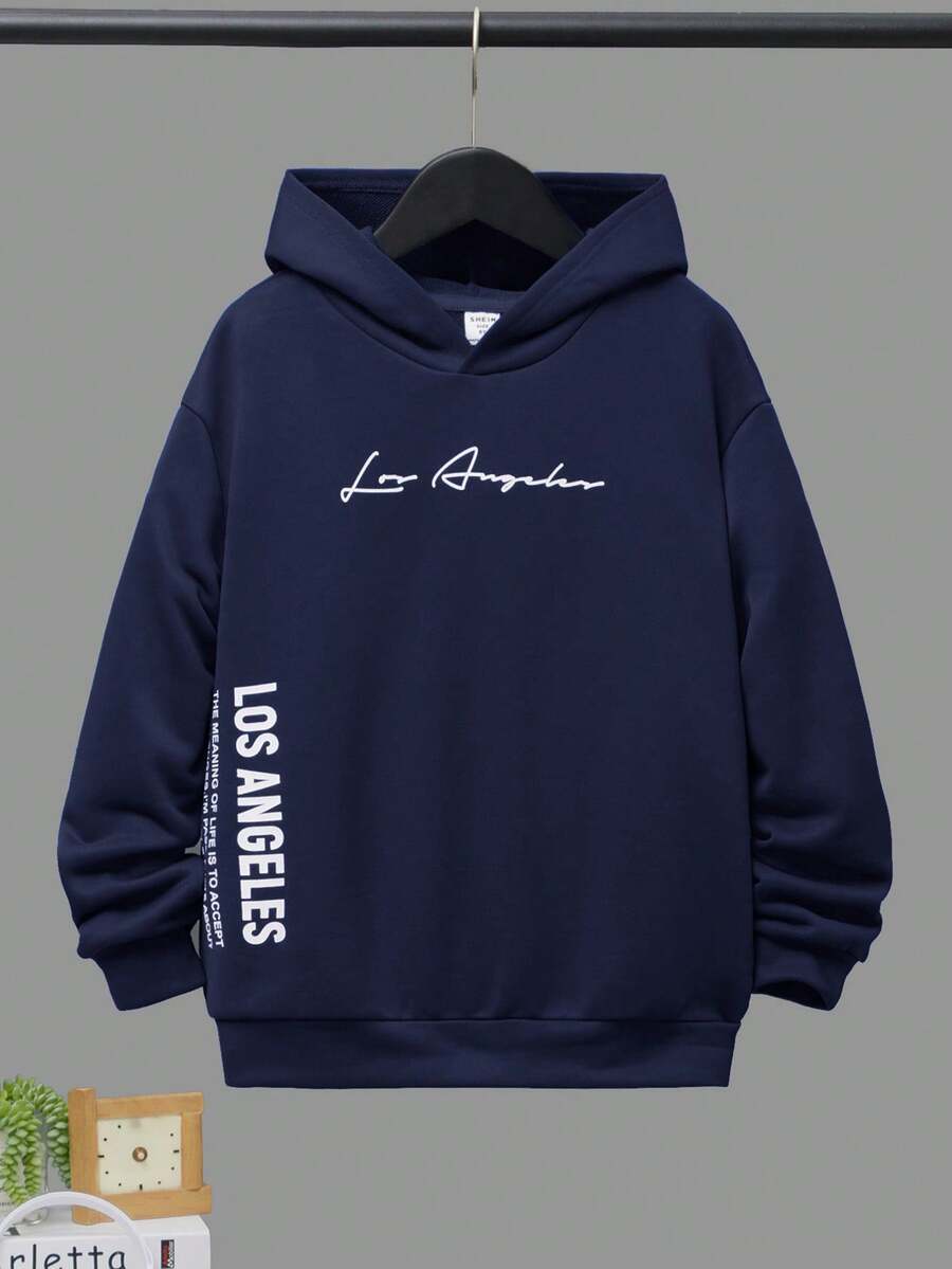 SHEIN Hanorac tricotat cu glugă, bleumarin, pentru băieți preadolescenti, cu imprimeu grafic