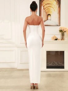 Modphy Feather Detail Contrast Color Strapless Bandage Bodycon Dress - White - View 2