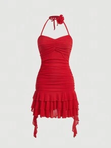 SHEIN MOD 露肩荷葉邊百褶無背禮服裙 - 紅色 - 查看 1