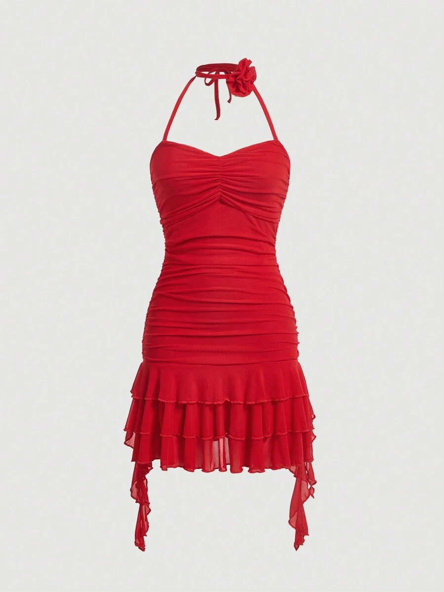 SHEIN MOD 露肩荷葉邊百褶無背禮服裙 - 紅色 - 查看 1