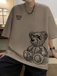 Claim Dot Men T-Shirts Baggy Crew Neck Drop Shoulder Short Sleeve Graphic Tee Bear Casual Summer Polyester