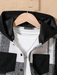 SHEIN 幼童男孩格紋灰混紡卡其拼接連帽休閒外套 - 黑色 - 查看 3