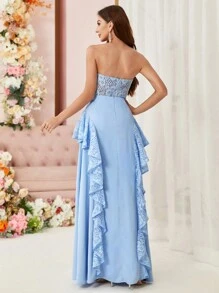SHEIN Belle , Bustier-Phong Cách , Gợi cảm Nhìn xuyên qua , Arc Khe Đầm dạ hội - Màu xanh lam - Xem 3