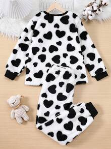 Ropa de invierno para hogar suave y cálida con patrón de corazones para niña preadolescente - Blanco y Negro - Ver 2