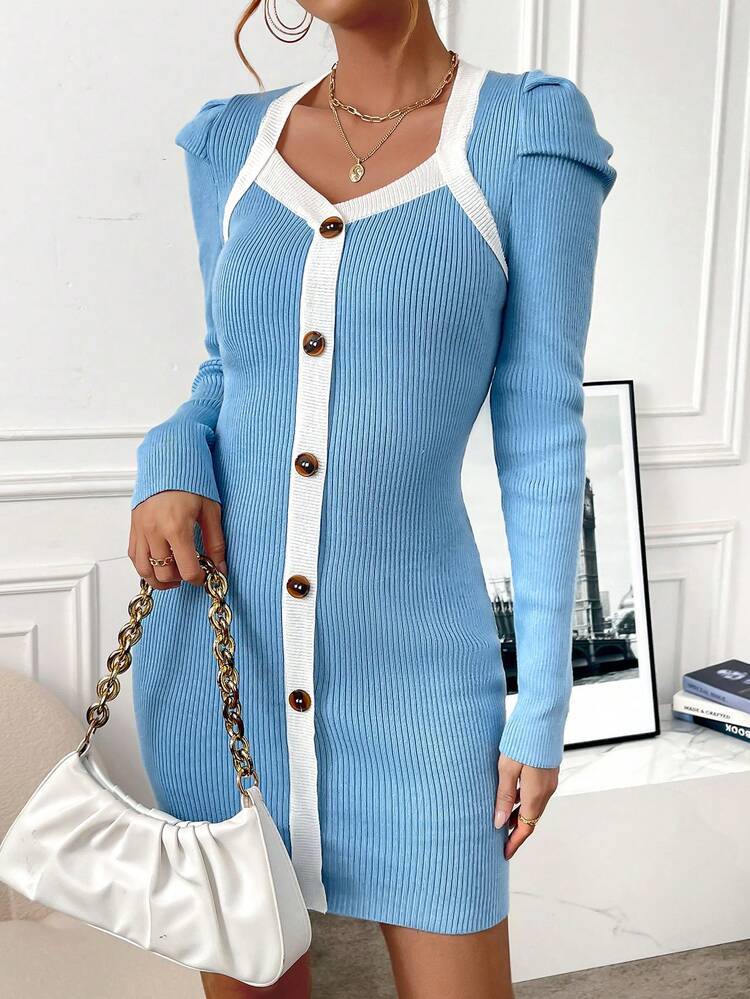 Color Block Puff Sleeve Sweater Dress Fall Cloth For Women