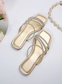 Women's Fashion Rhinestone Strap Flat Sandals, Versatile For Dating, Shopping, Party, Commute, Vacation And Home Wear,Spring Summer Outfits - Gold - View 7