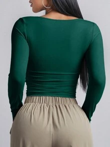 SHEIN BAE Hình vuông Đường viền cổ áo Tay áo dài Quần skinny Áo thun - Màu xanh lá cây đậm - Xem 2
