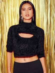 LeeNa Designer Women Hollow Out Back Metallic Chain Decorated Fluffy Sweater, For Holiday, Festival - Black - View 2
