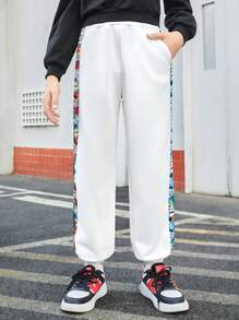 SHEIN 男童休閒印花拼布鬆緊袖口運動褲 - 白色 - 查看 3
