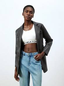 SHEIN BIZwear Da giả Denim mùa giặt Và Đau khổ Tay áo dài Áo vest - Xám - Xem 5