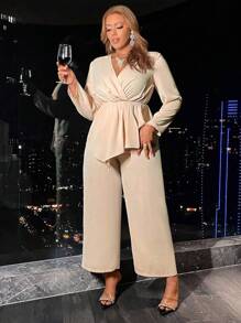 Calvaya 大尺碼2入組不對稱荷葉邊長袖上衣和寬腿長褲套裝 - 杏色 - 查看 6