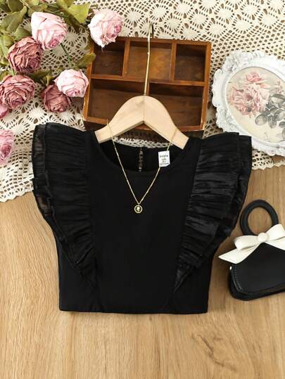 SHEIN 幼兒女孩夏季蕾絲裝飾花式襯衫